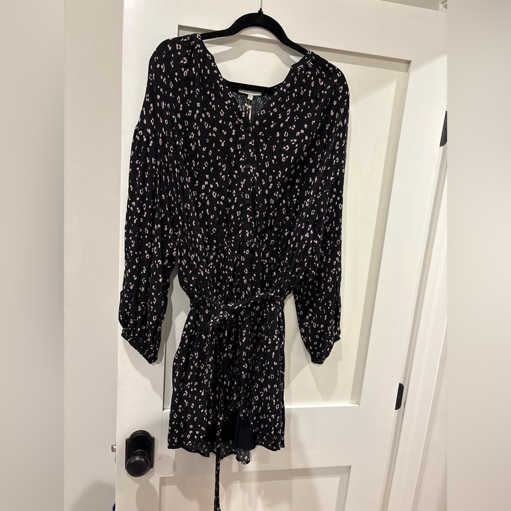 Z Supply Black Dress with Light Pink Dot Print and Tie Waist